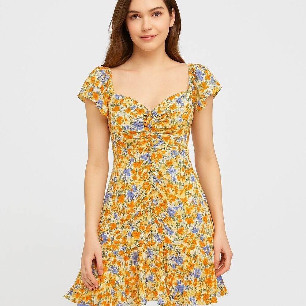 ASTR The Label Orange Yellow Floral Ruched Mini Dress XS